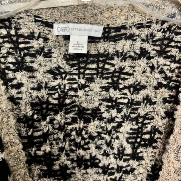 Cato Beige Black Gold Metallic L Drape Open Front Tribal Cardigan Fringe Boho - Picture 8 of 9